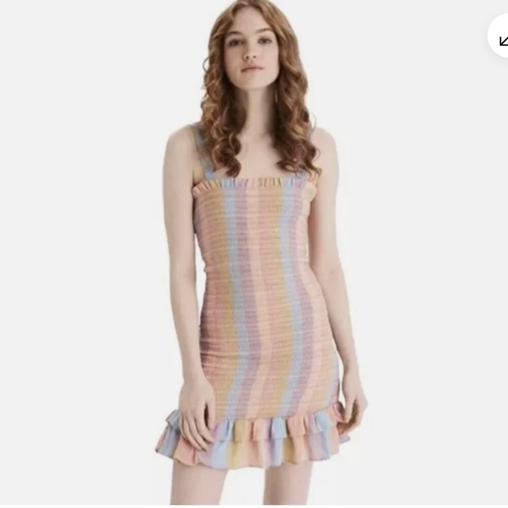 American Eagle Ruffle Pastel Rainbow Striped Smocked Mini Dress Size S NWT